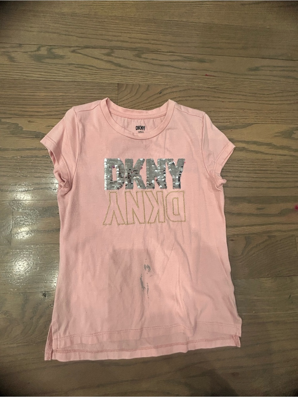 DKNY Girls Sequin Flip Shirt Size 6X – Light Stain